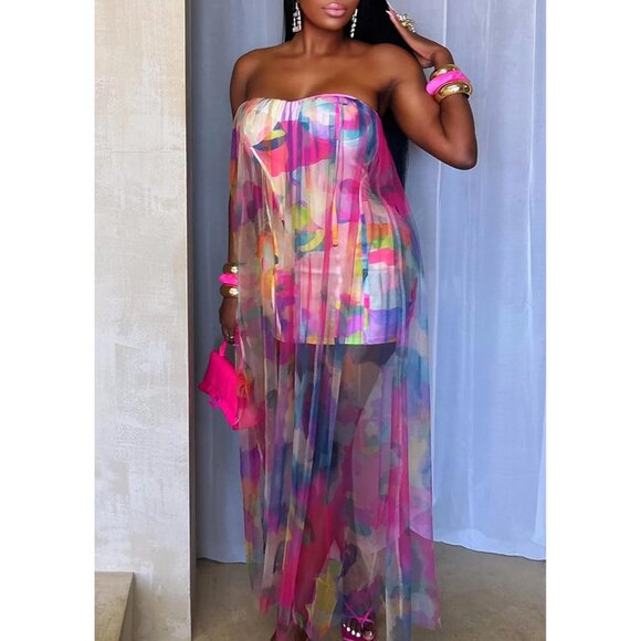 Summer Strapless Maxi Dress Women Mesh Long Bodycon Party Wedding Dress - Picture 2 of 4